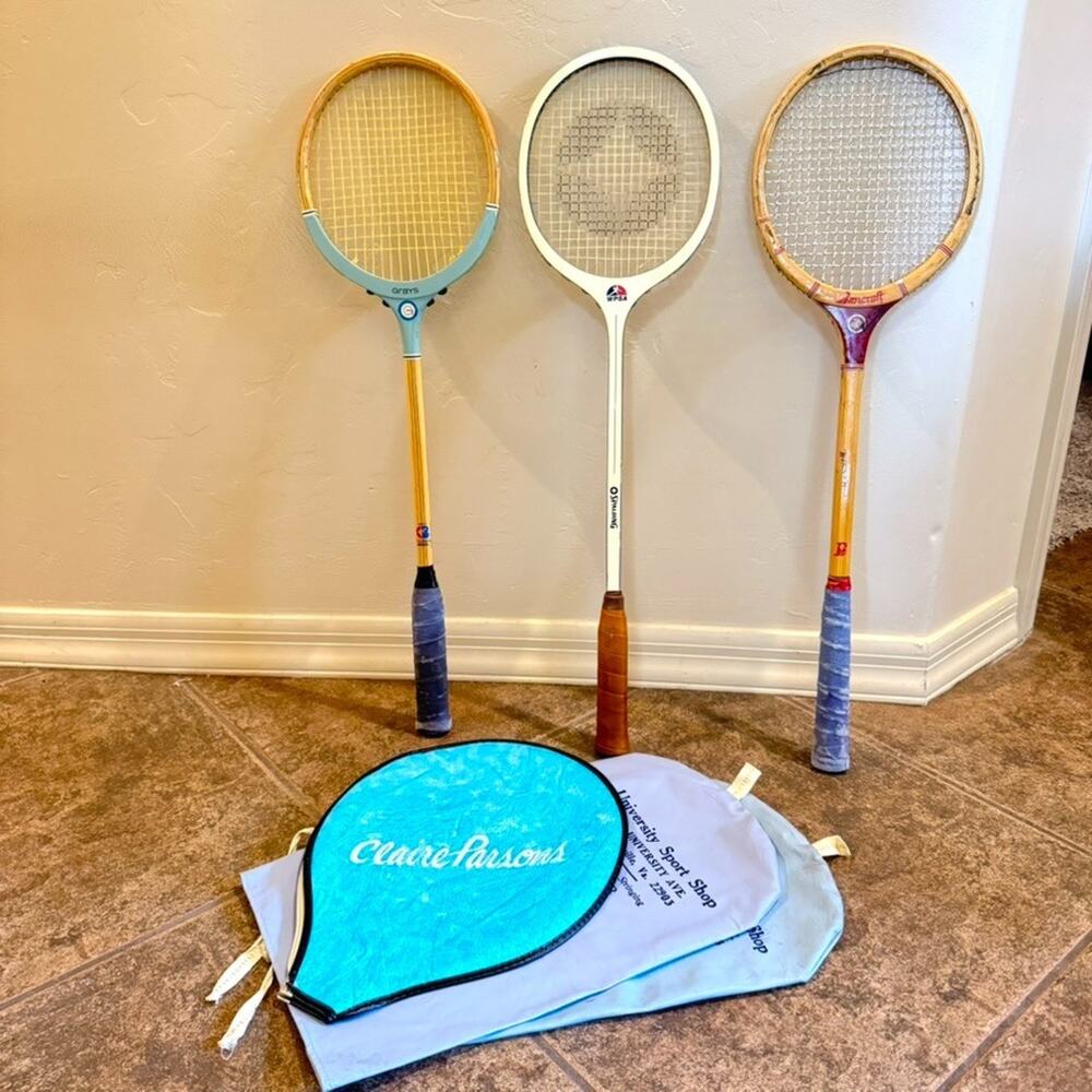 Lot of 3 Vintage Badminton Racquets & Covers Grays Spalding WPSA Bancroft Winner